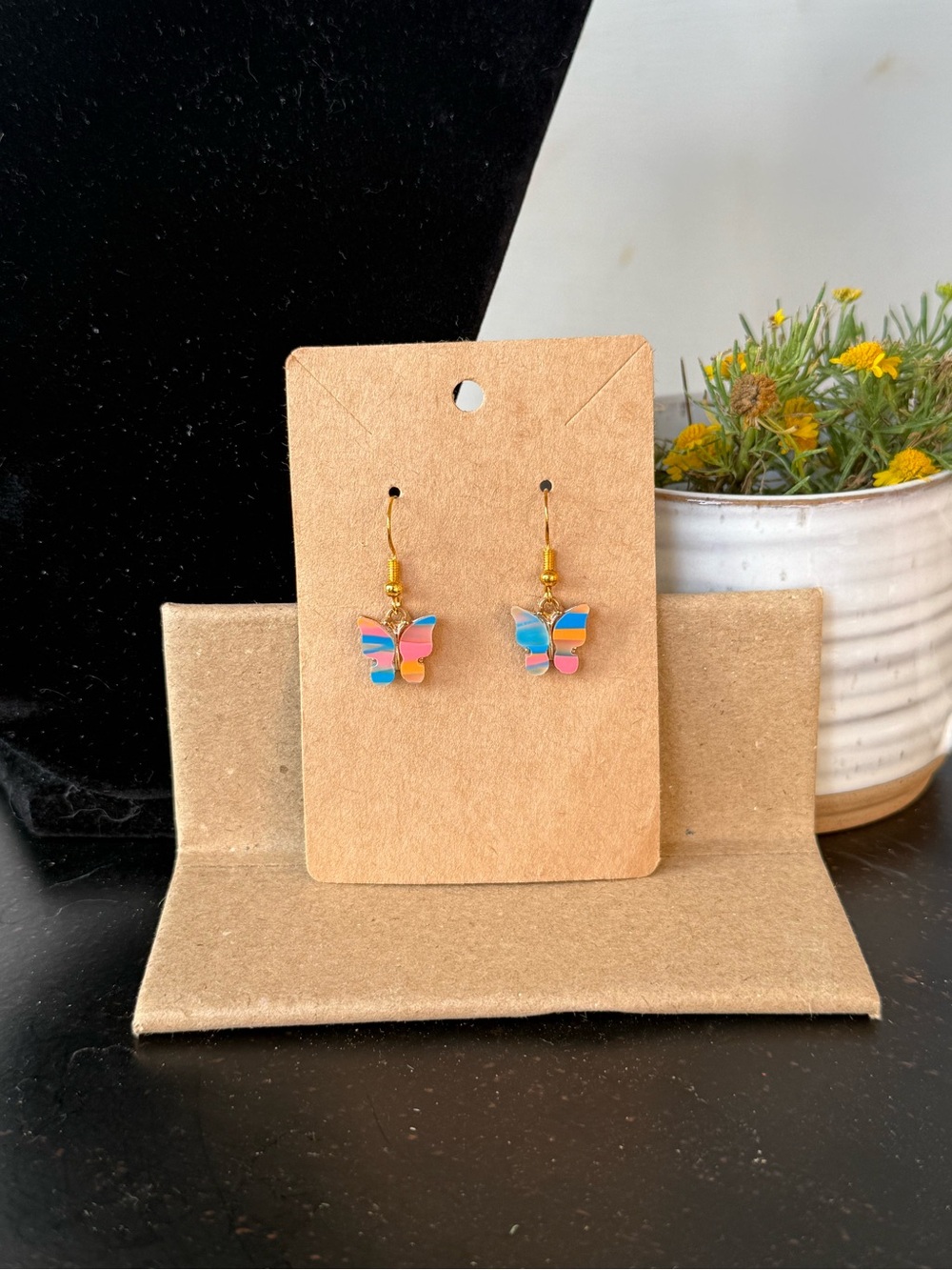 Colorful Butterfly Drop Earrings - Pink Blue Orange Gold Accents